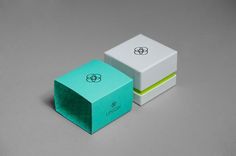 two small boxes sitting next to each other on top of a gray surface with green trim