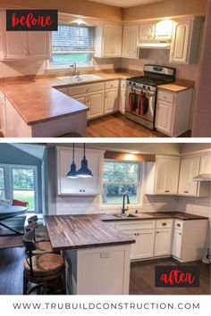 before and after pictures of a kitchen remodel with white cabinets, wood counter tops, and stainless steel appliances