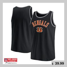 Stay comfortable during hotter weather when you put on this Cincinnati Bengals Bet tank top. Constructed by Fanatics Branded, this tank features incredible Cincinnati Bengals graphics printed across the chest. The soft fabric and sleeveless construction will ensure you can beat the heat. Sports Tank Top With Graphic Print, Graphic Print Sleeveless Tops For Sports Events, Sleeveless Tops With Graphic Print For Sports Events, Black Sleeveless Top With Letter Print, Casual Sleeveless Tank Top For Sports Season, Summer Sports Muscle Tee With Graphic Print, Moisture-wicking Cotton Tank Top, Cotton Sleeveless Sports Tank Top, Sleeveless Cotton Tank Top For Sports