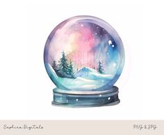 a watercolor painting of a snow globe with trees in it