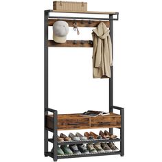 the shoe rack is holding several pairs of shoes and other items, including an umbrella