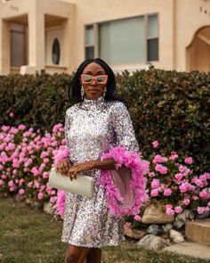 This shimmering rainbow of pastels mod mini dress has it all - glittering sequins, delicate mock neck, and long bell sleeves cuffed with rich pink feathers. An ode to the bold expression of the 1960s, this piece is a statement addition to any wardrobe. Dry clean to best preserve the sequins and feathers. Sizing:X-Small 0-2Small 4-6Medium 8-10Large 12-14X-Large 16-18 Sequin Kimono Outfit, 1970s Glam, Purple Time, Feather Cuffs, Mod Mini Dress, Bold Dresses, Alternative Wedding Dresses, Disco Dress, Guest Attire