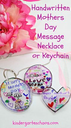 handwritten mothers day message necklace or keychain with flowers and pink carnation