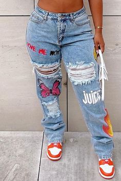 Street Print Ripped Make Old Split Joint High Waist Straight Denim Jeans Plus Size Casual Fashion, High Waist Denim Pants, Denim Style Casual, Straight Denim Jeans, Baby Tees Y2k, Outfits Y2k, Y2k Baby Tee, High Waist Denim, Streetwear Y2k