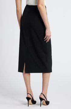 The smooth, stretchy fabric of this streamlined pencil skirt lets you effortlessly transition from desk to dinner. Lined 68% polyester, 28% viscose, 4% spandex Dry clean Imported Sleek Midi Skirt, Sleek Evening Midi Pencil Skirt, Sleek Midi Pencil Skirt For Night Out, Sleek Pencil Skirt For Night Out, Sleek Pencil Skirt With Lining For Night Out, Sleek Pencil Skirt Lined For Night Out, Sleek Lined Pencil Skirt For Night Out, Black Sleek Midi Pencil Skirt, Black Sleek Midi-length Pencil Skirt