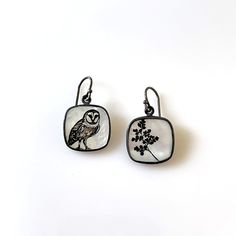 Pearl Earrings - Laser etched illustrations on mother of pearl set in oxidized sterling silver. Oxidized silver earwires. Fern Earrings, Contemporary Handmade Jewelry, Enamel Jewellery, Ceramic Jewellery, Ceramic Earrings, Mother Of Pearl Earrings, Artful Home, Pearl Set, Ceramic Jewelry