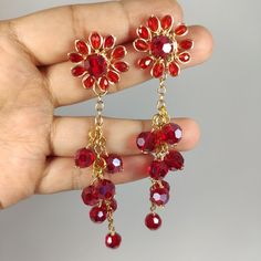 100% Unique & Handmade 18k Gold Plated Red Sparkle Crystals Hypoallergenic This Is Handmade Product, You Won't Find It In Any Other Store Really Exclusive, I Only Made 1 For This Model, Once Is Sold It Won't Be Re Stock Party Flower Crystal Earrings, Ruby Dangle Earrings For Party, Gold Crystal Flower Shape Earrings For Parties, Party Dangle Flower Earrings, Red Glamorous Chandelier Earrings For Party, Elegant Red Flower Earrings For Party, Glamorous Red Chandelier Earrings For Party, Elegant Red Bridal Earrings, Elegant Red Flower-shaped Jewelry