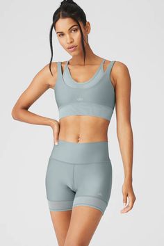 Airlift Double Trouble Bra - Black | Alo Yoga Compressive Nylon Activewear By Alo Yoga, Alo Yoga Compressive Nylon Activewear, Compressive Bra-friendly Alo Yoga Activewear, Alo Yoga Medium Support Sports Bra, Athleisure Mesh Sports Bra With Built-in Bra, Sporty Bra-friendly Activewear By Alo Yoga, Alo Yoga Sports Bra With Light Support And Stretch, Alo Yoga Athleisure Sports Bra With Light Support, Alo Yoga Light Support Sports Bra For Athleisure