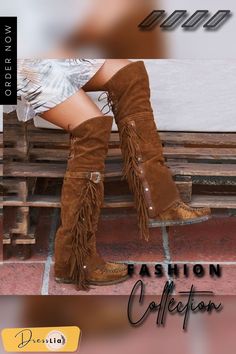 Winter Women Faux Suede Tassel Boots Fashion Ethnic Fringe Boho Long Boots Flat Heel Knee High Boots Bohemian Winter Boots With Round Toe, Festival Boots With Tassels And Round Toe, Brown Fringe Boots For Festival, Festival Leather Fringe Boots, Brown Western Boots With Tassels, Western Fringe Boots For Summer, Western Summer Boots With Fringe, Bohemian Leather Boots With Fringe, Brown Tasseled Boots For Festivals