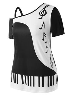 Plus Size Music Notes Print Skew Collar T-shirt - Black - 3T76037016 - Women's Clothing, Plus Size Women's Clothing  #PlusSizeWomensClothing #Women's #Clothing # #Plus #Size #Women's #Clothing Lace Tunic Tops, Collar T Shirt, Collar Tshirt, Fashion Plus Size, Womens Tops Summer, Trendy Plus Size Clothing, Music Note, Plus Size Womens Clothing, Casual Style Outfits