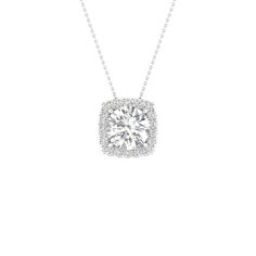 Illuminate your style with our Vibrant Cushion Shape Lab-Grown Diamond Halo Pendant, exquisitely set in 14K white gold and studded with 2.25 ct. t.w. of diamonds. The true centerpiece of this pendant is the brilliant round-cut 2 CT diamond. Luxury Diamond White Necklaces With Halo Detail, Fine Jewelry Diamond Pendant With Prong Setting, Lab Grown Diamond Pendant Necklace, Moissanite Pendant Necklace With Halo Setting, Dazzling Diamond White Necklace With Halo Setting, White Gold Pendant Necklace With Lab Grown Diamond, White Jewelry With Vvs Clarity Lab Grown Diamond, White Diamond Halo Necklace In Sterling Silver, Timeless White Diamond Necklace