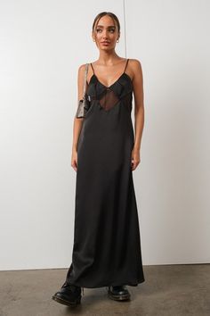 Posh Lace Panel Satin Maxi Dress -black dress Sheer Backless Evening Slip Dress, Sheer Backless Slip Dress For Evening, Formal Lace Slip Dress With Lace Back, Formal Lace Back Slip Dress, Silk Spaghetti Strap Dress With Contrast Lace, Silk Dress With Spaghetti Straps And Contrast Lace, Chic Evening Slip Dress With Lace Trim, Silk Dress With Contrast Lace And Spaghetti Straps, Sheer Satin Dress With Spaghetti Straps