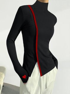 Stand Collar Color Block Heart Urban Long Sleeve T-Shirt Mode Edgy, Turtleneck T Shirt, Moda Vintage, Long Sleeve Turtleneck, Looks Chic, Casual Black, 가을 패션, Mode Inspiration, Long Sleeve Casual