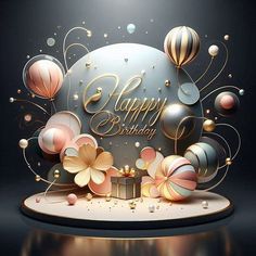 a happy birthday card with balloons and presents on a black background, surrounded by gold confetti