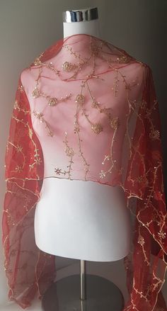 Red colour net shawl with gold floral pattern made with gold thread embroidery and sequins. Very elegant.  Gift it or keep it.  Size is approximate 208cm Length 38cm Width Monitor colour is not accurate. Red And Gold Clothes, Red Floral Embroidered Dupatta For Wedding, Red Bollywood Dupatta With Floral Embroidery, Bollywood Style Red Dupatta With Floral Embroidery, Festive Red Embroidered Fabric For Party, Festive Red Embroidered Party Fabric, Elegant Red Embroidered Dupatta, Red Embroidered Shawl For Wedding, Bollywood Floral Embroidered Wedding Shawl