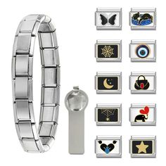 an assortment of metal bracelets and magnets on a white backgrounnd