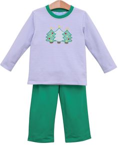 Christmas Tree Applique Blue Stripe Boys Pant Set Christmas Tree Applique, Boys Pant, Tree Applique, Applique Tee, Magnolia Baby, Pajama Romper, Bloomers Shorts, Blue Striped Shirt, Charming Christmas