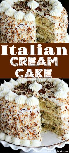 an italian cream cake with white frosting and chocolate sprinkles on top