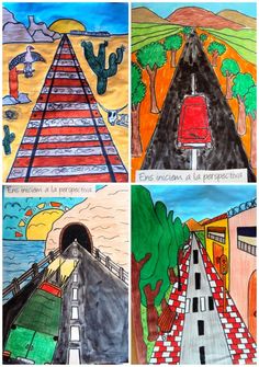 four different colored pictures with the same road and cactus on them, one is in front of