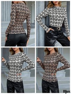 Fitted Printed Crew Neck Top, Black Crew Neck Top With Fashion Print, Non-stretch Printed Long Sleeve Tops, Trendy Long Sleeve Tops With Geometric Pattern, White Geometric Pattern Crew Neck Top, White Crew Neck Top With Geometric Pattern, Stretch Printed Tops With Crew Neck, White Tops With All Over Print For Fall, Stretch Tops With All Over Print For Spring