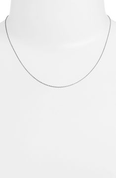 White 14-karat gold gives an icy look to this minimalist chain necklace. 17" length 14k gold Handmade in Canada Formal White Gold Delicate Chain Necklace, 14k White Gold Solitaire Necklace With Delicate Chain, Classic White Gold Necklace With Delicate Chain, Minimalist Necklace With Cable Chain And Oval Link, Silver Solitaire Necklace With Cable Chain, Minimalist Solitaire Necklace In Yellow Gold With Cable Chain, Dainty Solitaire Necklace With Cable Chain For Formal Occasions, Classic 14k Gold Solitaire Necklace With Cable Chain, Minimalist White Gold Chain Necklace As Gift