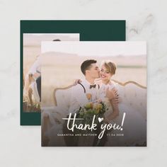 a wedding thank card with an image of a bride and groom kissing on the forehead