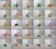 many different kinds of toy animals are shown in multiple pictures, each with their own name