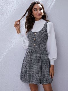 SHEIN Tweed Pleated Mini Overall Dress | SHEIN USA Womens Plaid Dress, Womens Tweed, 21st Dresses, Elegante Casual, Graduation Outfit, Tweed Dress, Pinafore Dress, Vestido Casual, Overall Dress