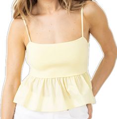 Solid Color Ruffled Tops For Summer, Solid Ruffled Tops For Summer, Solid Tops With Ruffles For Summer, Flirty Summer Camisole For Day Out, Fitted Tops With Ruffle Hem For Day Out, Chic Solid Color Summer Tank Top, Ruffled Tops For Beach, Feminine Summer Tank Top With Ruffle Hem, Cotton Tops With Ruffle Hem In Solid Color