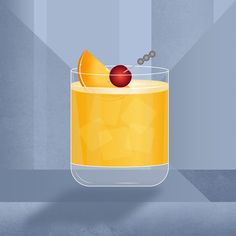 an orange drink in a glass with a cherry on top