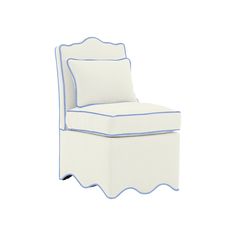 a white chair with blue trimmings and a pillow on the back of it