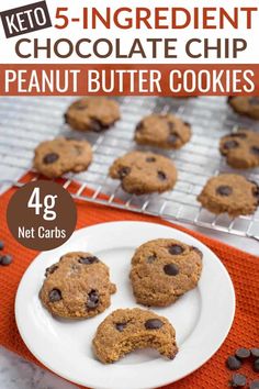 chocolate chip peanut butter cookies on a plate with text overlay that reads keto 5 - ingredient chocolate chip peanut butter cookies