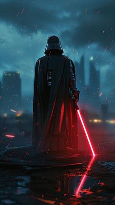 darth vader standing in the rain with his lights on