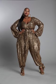 JIBRI Gold Sequin Jumpsuit w Ankle Ties Sequin Jumpsuit Outfit, Jump Suites, Classic Edgy Outfits, Curvy Wardrobe, Singer Outfits, Edgy Bride, Gold Sequin Jumpsuit, Boubou Styles, Disco Look