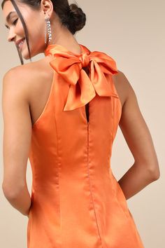 The Lulus Infinite Admiration Orange Satin Halter Mini Dress is the sophisticated party dress that everyone will love! Sleek woven satin shapes this lovely dress that has a princess-seamed bodice and a high halter neckline that ties above a back keyhole cutout. A figure-skimming silhouette falls to a flirty mini hem. Hidden back zipper. Fit: This garment fits true to size. Length: Mid-thigh. Size medium measures 32.5" from top to bottom. Bust: Great for any cup size. Waist: Fitted - very fitted Sophisticated Party, Orange Satin, Halter Mini Dress, Halter Neckline, Lovely Dresses, Cup Size, Fall Dresses, Dress Materials, Wedding Bride