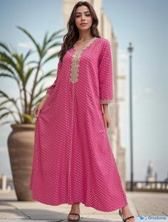 Orcajump - Allover Print LaceTape Stitching Abayas, Elegant V-neck Maxi Length Dress, Women's Clothing Eid Anarkali V-neck Dress, Pink Anarkali Kurta With V-neck, Festive Pink V-neck Kurta, Festive V-neck Kaftan, Pink V-neck Kurta For Spring, Pink Long Sleeve Anarkali Kaftan, Pink Anarkali Style Long Sleeve Kaftan, Pink Anarkali Kaftan With Long Sleeves, Pink Anarkali V-neck Dress