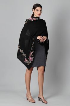 Black pure pashmina shawl handwoven and hand-embroidered bird and floral motifs on all borders.
Type: Hand Embroidered
Composition:  100% Pashmina 
Color: Black
Other Details: 
Dimensions: L x W (in cms): 200 x 70
Product weight (in gms): 250
Note: Dress worn by the model is not for sale
 - Aza Fashions Elegant Multicolor Embroidered Pashmina Shawl, Pashmina Shawl With Floral Embroidery, Traditional Black Pashmina Shawl For Winter, Black Pashmina Shawl With Embroidered Border, Black Pashmina Shawl In Traditional Drape, Black Pashmina Shawl Traditional Drape, Bohemian Black Pashmina Dupatta, Black Bohemian Pashmina Dupatta, Festive Black Pashmina Shawl