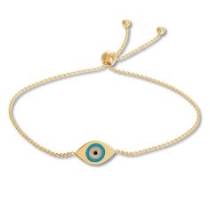 This stylish bolo bracelet for her features a 14K yellow gold evil eye design decorated with blue, white, and black enamel. The cable chain and sliding bolo clasp allow the bracelet to adjust up to 9 inches in length. Adjustable Yellow Gold Evil Eye Bracelet, Adjustable Round Chain Bracelet With Evil Eye, Yellow Gold Evil Eye Jewelry, Bracelet For Her, Evil Eye Design, Bolo Bracelet, Jewelry Advice, Kay Jewelers, Blue White And Black