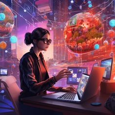 a woman sitting at a desk with a laptop computer in front of her and an image of a planet