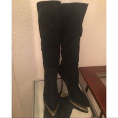 Boots In Faux Suede With A Soft, Elasticized Leg Section, Pointed Toes, And Covered Heels. Fabric Lining, Faux Leather Insoles, And Rubber Soles. Size: 10 Color: Black Heel Height: 4 1/4 In. (Approx.) Lining, Insole, And Upper: 100% Polyester Sole: 100% Rubber Brand New. Never Been Worn, New With Tags! New To Poshmark? Use Referral Code Closet2treasure When You Sign Up To Receive $10 In Posh Credit! Wide Calf Suede Heeled Boots For Winter, Winter Platform Boots With Reinforced Heel For Night Out, Fitted High Ankle Black Wedge Boots, Fitted Black High Ankle Wedge Boots, Suede Platform Boots With Pointed Toe, Suede Pointed Toe Platform Boots, Pointed Toe Suede Boots For Winter, Winter Wedge Boots With Pointed Toe And Medium Width, Winter Wedge Boots With Pointed Toe