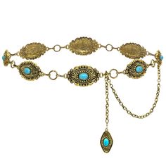 PRICES MAY VARY. High-Quality Materials: Crafted from durable alloy and embellished with rhinestones and turquoise, this chain belt is built to last. The 135cm/53-inch length ensures a perfect fit for various body types. Versatile Fashion: This cowgirl boho waist belt pairs perfectly with dresses, skirts, jeans, and more. Its 130cm/51-inch length offers a comfortable fit, making it suitable for various body types. Enhance your look with a unique blend of vintage and contemporary style. Perfect f Chain Belt Western, Turquoise Chain Belt, Metal Waist Belt, Belt For Dress, Belt Western, Western Theme Party, Boho Country, Turquoise Western, Country Music Festival