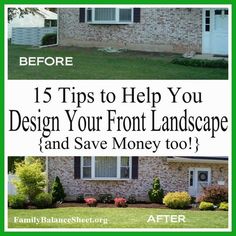 the front and back of a brick house with green trimmings on it, before and after landscaping