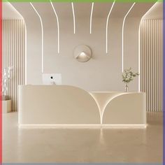 a white reception desk in an empty room