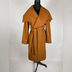 Never Worn, Excellent Condition. Long Solid Pea Coat For Fall, Chic Long Brown Outerwear, Belted Brown Outerwear For Fall, Oversized Long Belted Outerwear, Brown Belted Outerwear For Fall, Belted Long Pea Coat For Fall, Chic Long Pea Coat For Fall, Fall Belted Outerwear With Lapel Collar, Fall Lapel Collar Belted Outerwear