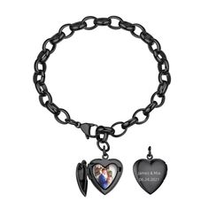 PRICES MAY VARY. Black Cable Chain with Photo: Hypoallergenic, Made of 316L stainless steel with 5 layers shiny black plated mirror finish, it promises to keep shining alongside you. Nickel-free, lead-free design ensures you can wear these bracelet with confidence Size: Heart Locket Bracelets for Women: Heart Charm: 0.29*0.77 Inch; Chain Width: 0.27 Inch; Length: 8.7 inches; Lobster Clasp design, easy to adjust bracelet fits most wrist from 6.1 to 8.7 Inches. No more sizing snafus—just a perfect Heart Locket Bracelet, Customised Bracelets, Picture Locket, Heart Mirror, Locket Bracelet, Jewelry Personalized, Girl Friend, Name Jewelry, Black Bracelets