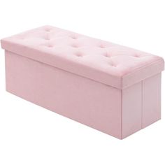 a pink storage bench with buttons on the top and bottom section, sitting against a white background