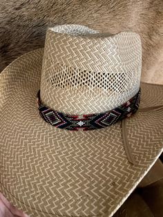 "1\" wide All bead work is beaded with 10lb extreme braided nylon line. All hat bands are finished at 23\" with glued than sewed down leather ends and an adjustable leather tie." Traditional Adjustable Hat For Outdoor, Western Handwoven Hats For Rodeo, Western Style Handwoven Rodeo Hat, Western Style Handwoven Hats For Rodeo, Country Style Woven Hat Band For Rodeo, Brown Woven Country Hat Band, Artisan Adjustable Hat Bands For Outdoor, Western Handwoven Hat Bands For Rodeo, Western Style Adjustable Handwoven Hat Band