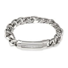 This men's diamond curb chain bracelet is guaranteed to impress. Fashioned in stainless steel, this striking choice features a row of glistening diamonds on a polished identification plate. Gleaming curb chain links complete the look. Captivating with 1/6 ct. t.w. of diamonds and a brilliant buffed luster, this 8.5-inch bracelet secures with a fold-over clasp. Modern Cuban Link Chain Bracelet With Solid Construction, Metal Cuban Link Bracelet With Solid Construction, Classic Silver Diamond Chain Bracelet, Cuban Link White Gold Chain Bracelet With Diamond Accents, Modern Silver Diamond Chain Bracelet, White Gold Jewelry With Curb Chain In Stainless Steel, Modern White Gold Cuban Link Bracelet, Classic Stainless Steel Curb Chain Jewelry, Diamond Chain Link Bracelet With Curb Chain