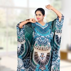 Summer V-neck Kaftan With Digital Print, Bohemian Blue Printed Kaftan, Bohemian Blue Kaftan With Printed Motifs, Printed Tunic For Eid, Green Printed V-neck Kaftan, Green V-neck Printed Kaftan, Traditional Digital Print Tunic Kaftan, Blue Summer Kaftan With Printed Motifs, Blue Printed Kaftan For Summer