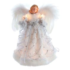 This12-Inch10-LightWhiteAngelTreetopfromKurtAdlerisalovelywaytotopoffyourChristmastree.Thisbeautifulangeliswearingawhitegownwithwhitefurtrimandsilversequinedaccents.Sheisholdinglightedcandlesinbothhandsandhasbeautifulfeatheredwings.Sheboasts10clearincandescentbulbsanda30-inchleadwire.ThisangelisaperfectadditiontoanyChristmasdecor.Features12in.10-LightWhiteAngelTreetopMadeoffabricmache,metal,PVC,plastic,feather Feathered Wings, White Fairy Lights, Light Angel, Angel Christmas Tree Topper, Prelit Tree, White Fairy, Angel Tree Topper, Led Fairy Lights, Angel Tree